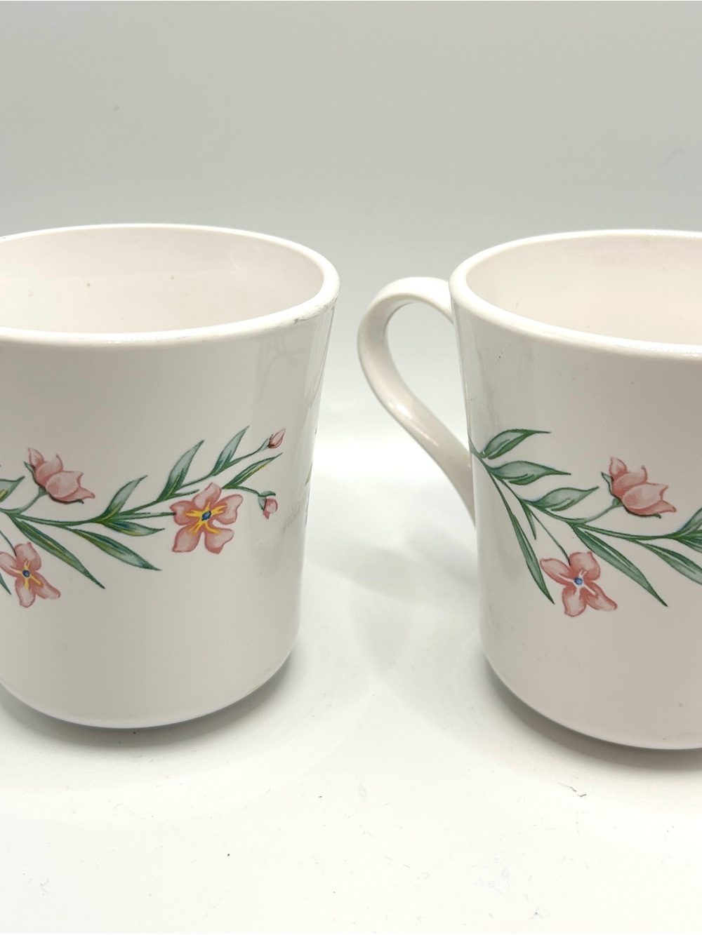 Corningware White Ceramic Mugs with Pink Floral & Green Leaf Motif (Set of 2)